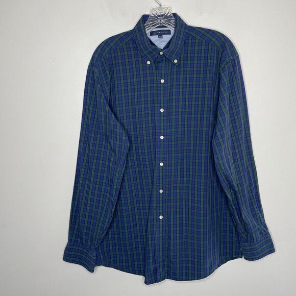 TOMMY HILFIGER Shirt Mens 15.5 34-35 Blue Green Plaid Button Down Long Sleeve - Picture 1 of 7